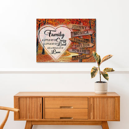 A Lot of Love Family Names Sign III canvas with heart and name signs amid autumn leaves on Tampa Home & Garden Store