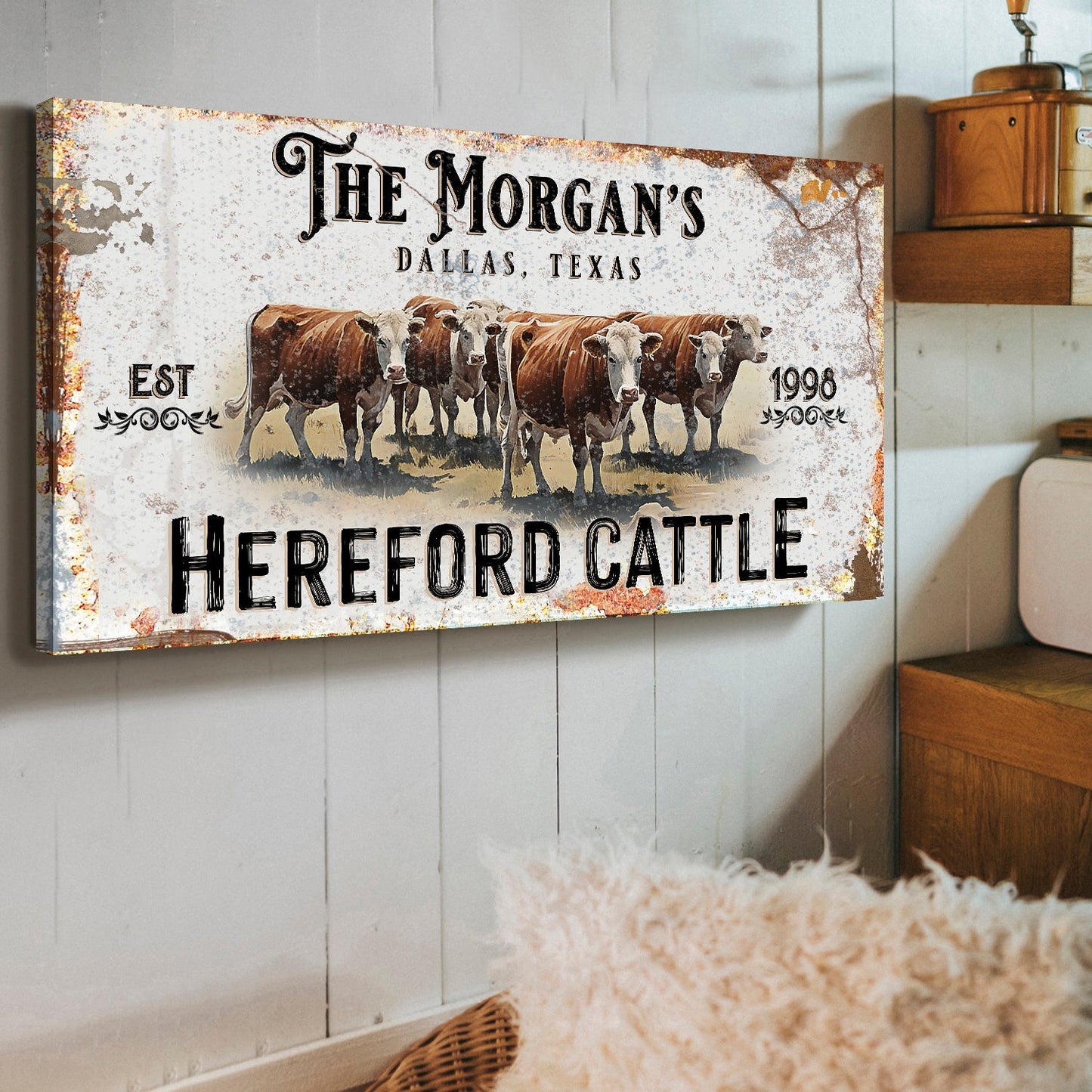 Hereford cattle canvas sign by Tailored Canvases, rustic distressed look on Tampa Home & Garden Store