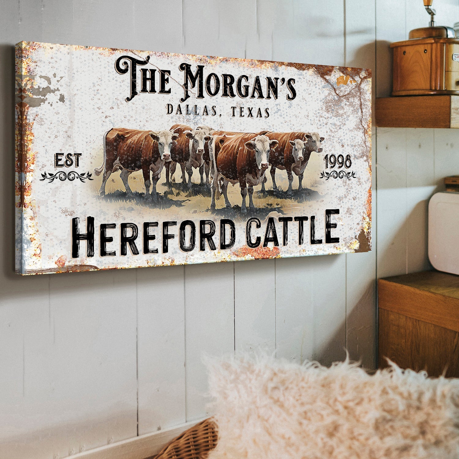 Hereford cattle canvas sign by Tailored Canvases, rustic distressed look on Tampa Home & Garden Store