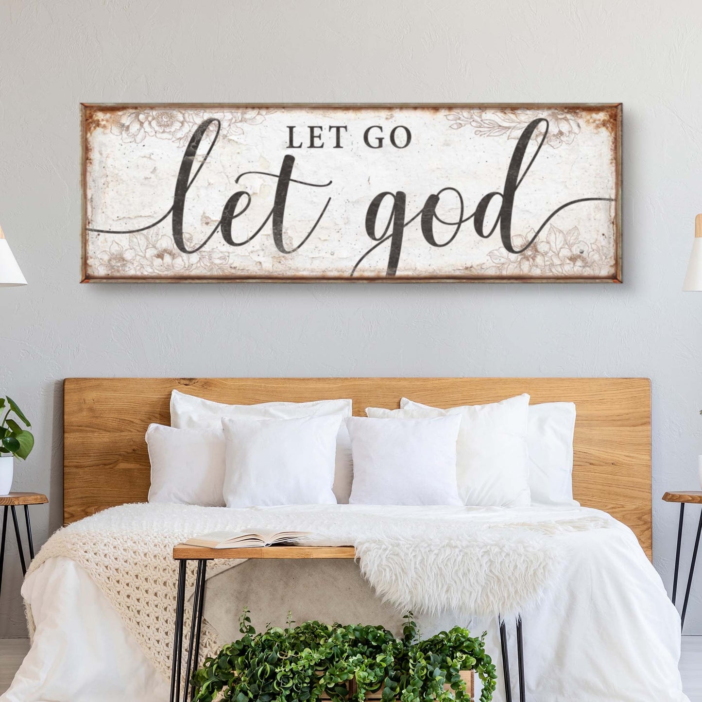 Let Go Let God faith sign canvas by Tailored Canvases, rustic framed crafting canvas decor on Tampa Home & Garden Store