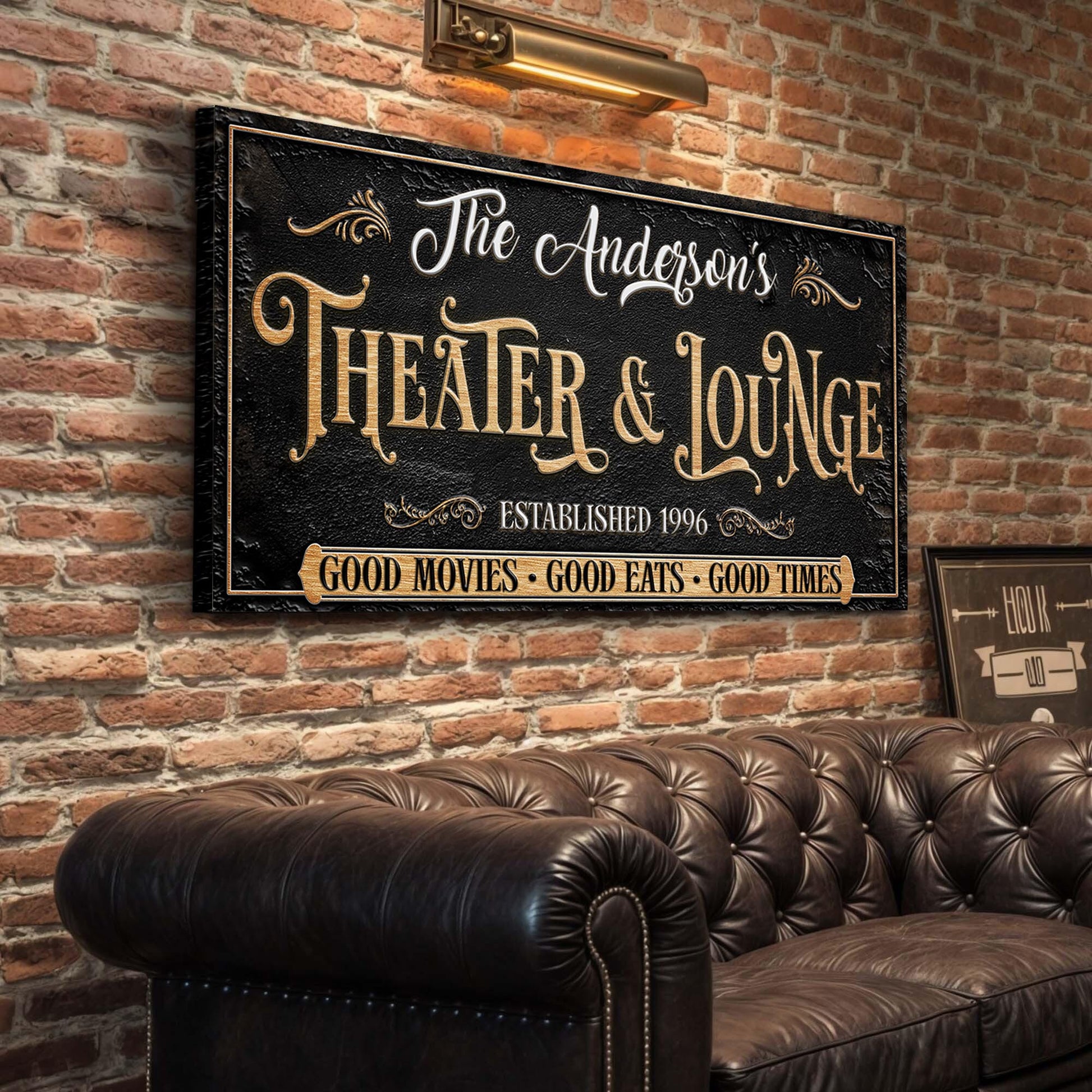 Canvas Family Theater And Lounge Sign VI by Tailored Canvases with gold lettering on Tampa Home & Garden Store