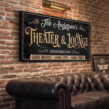 Canvas Family Theater And Lounge Sign VI by Tailored Canvases with gold lettering on Tampa Home & Garden Store