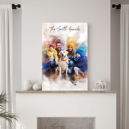 Custom Family Watercolor Portrait II canvas with vibrant rainbow hues on Tampa Home & Garden Store