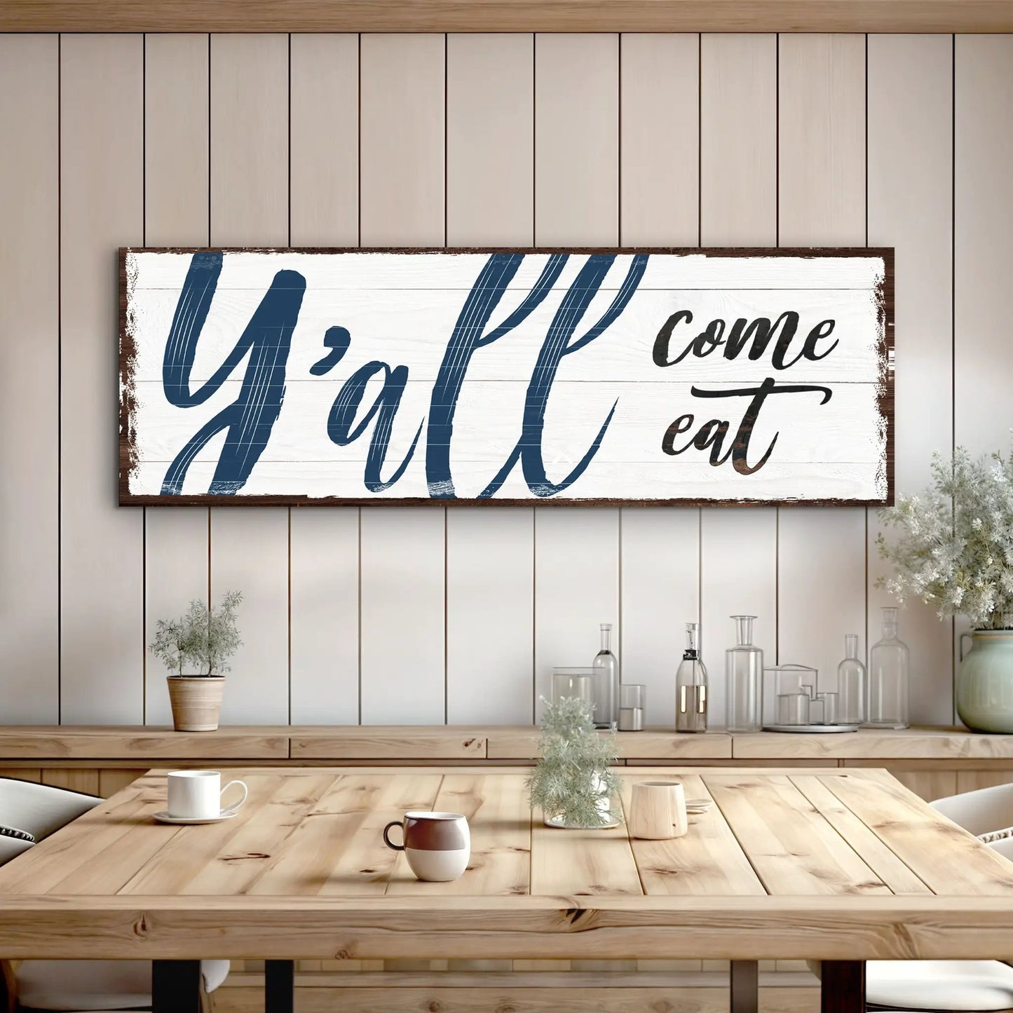 Y'all Come Eat kitchen sign canvas with white distressed panel, blue script, brown frame on Tampa Home & Garden Store