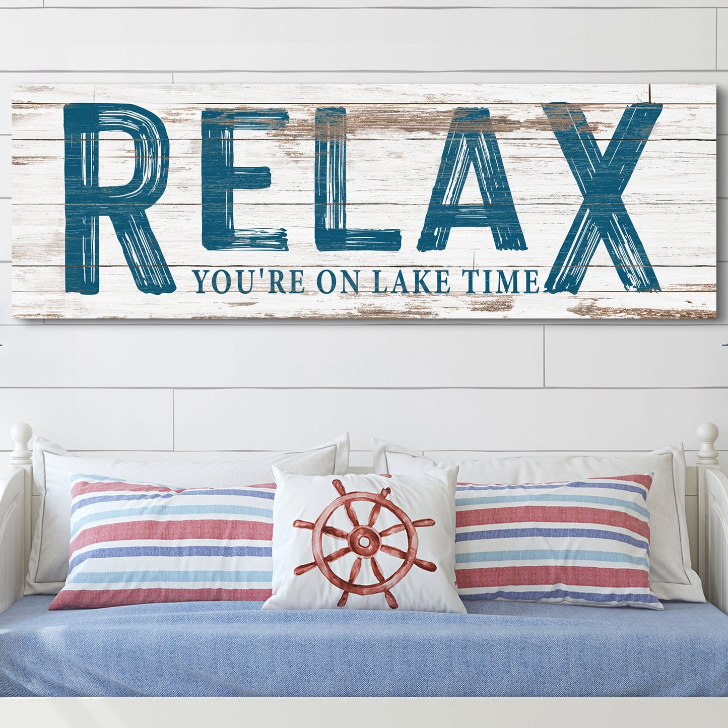 Relax You're on Lake Time sign canvas with rustic wood background and blue lettering on Tampa Home & Garden Store