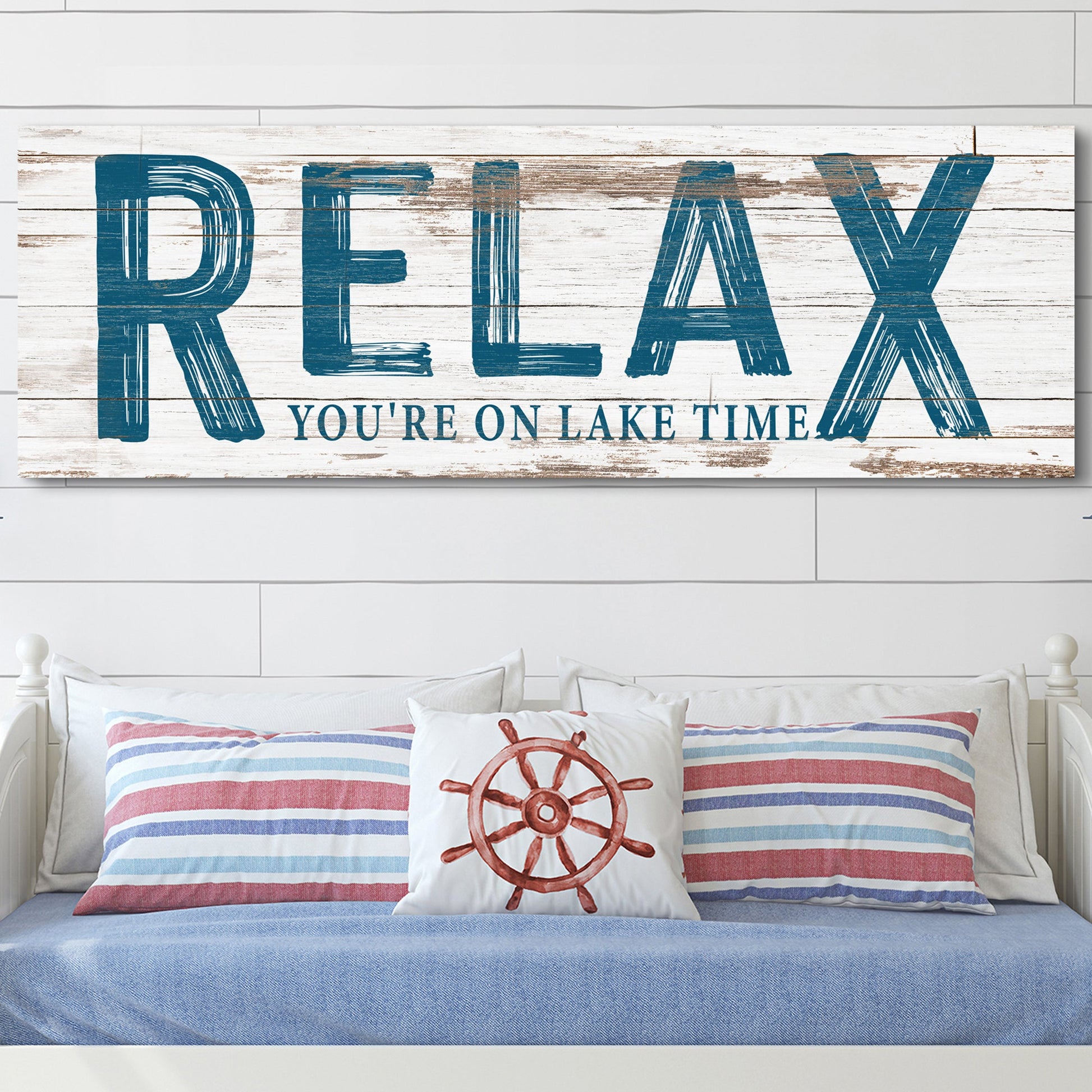 Relax You're on Lake Time sign canvas with rustic wood background and blue lettering on Tampa Home & Garden Store