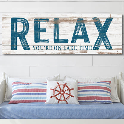 Relax You're on Lake Time sign canvas with rustic wood background and blue lettering on Tampa Home & Garden Store