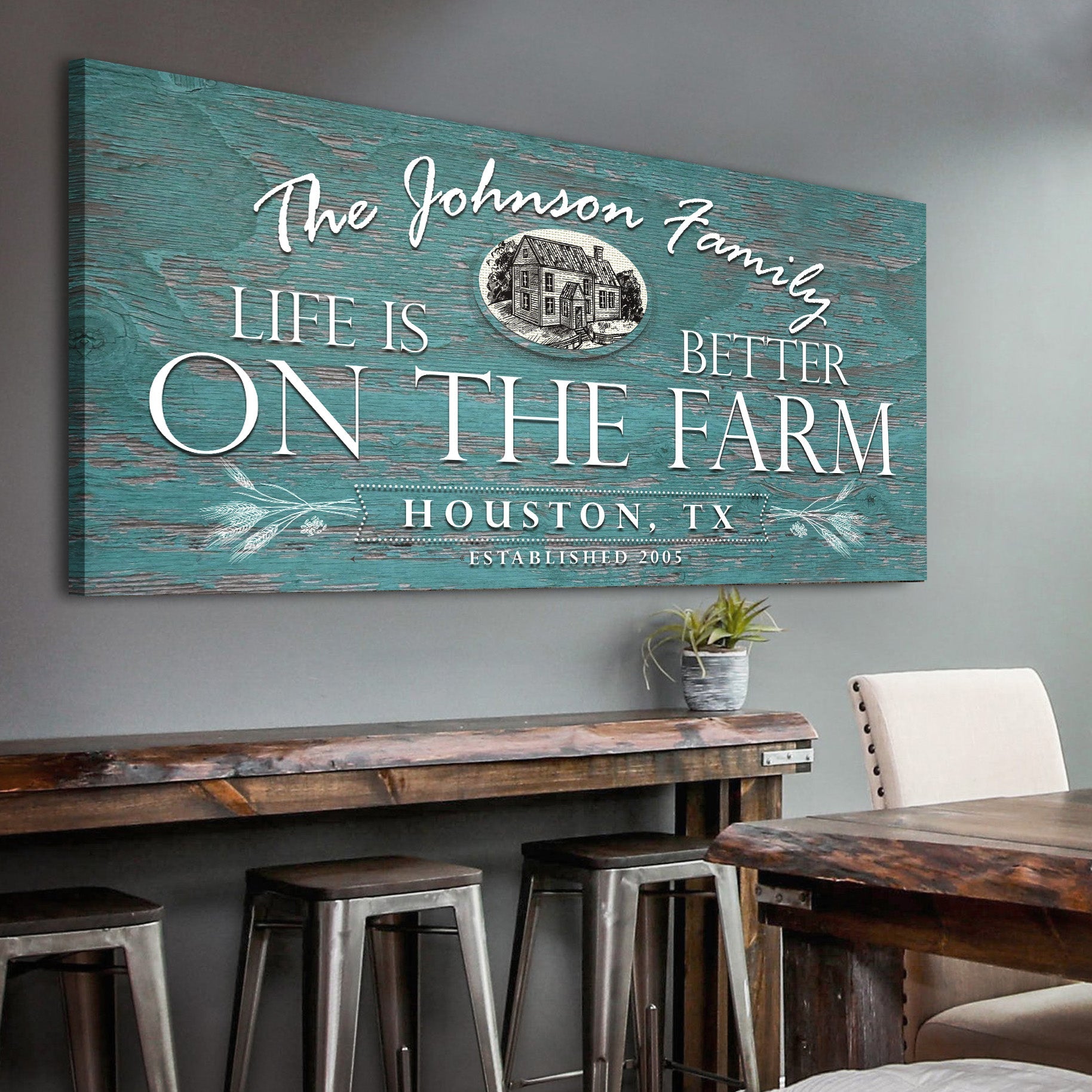Life Is Better On The Farm Sign canvas teal distressed wood with white typography The Johnson Family Houston TX on Tampa Home & Garden Store