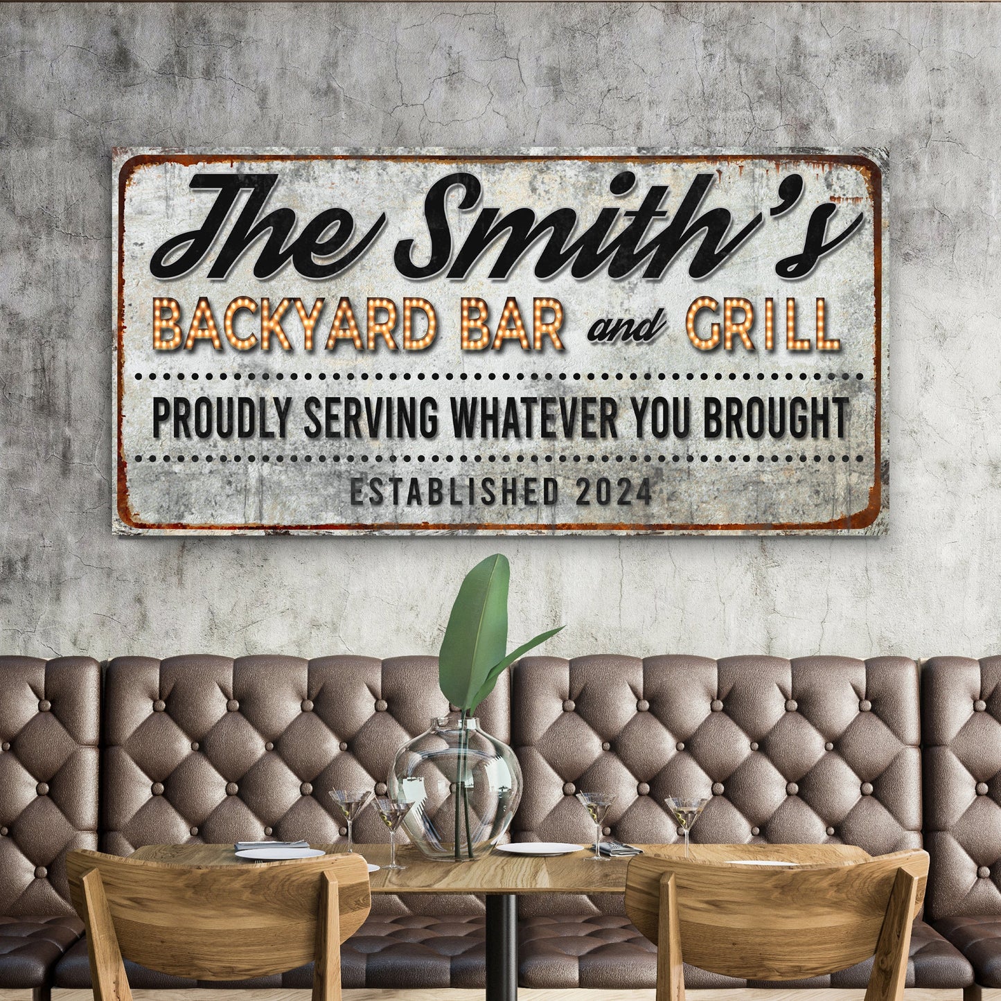 Canvas sign Backyard Bar & Grill XX by Tailored Canvases, rustic distressed metal look on Tampa Home & Garden Store