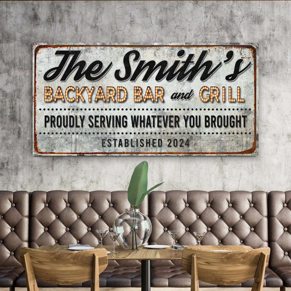 Canvas sign Backyard Bar & Grill XX by Tailored Canvases, rustic distressed metal look on Tampa Home & Garden Store