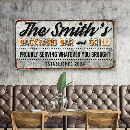 Canvas sign Backyard Bar & Grill XX by Tailored Canvases, rustic distressed metal look on Tampa Home & Garden Store