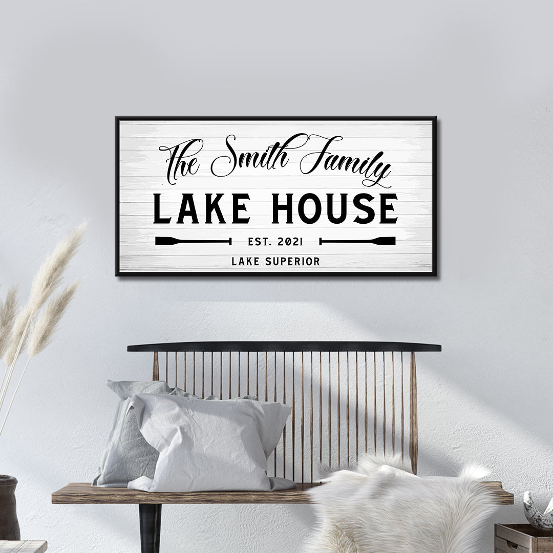 Rustic Family Lake House Sign canvas wall art with whitewashed wood plank background on Tampa Home & Garden Store