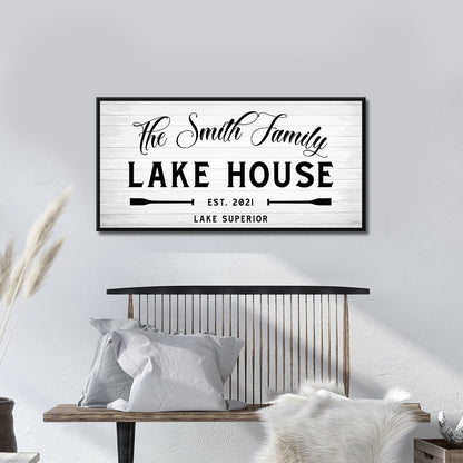 Rustic Family Lake House Sign canvas wall art with whitewashed wood plank background on Tampa Home & Garden Store