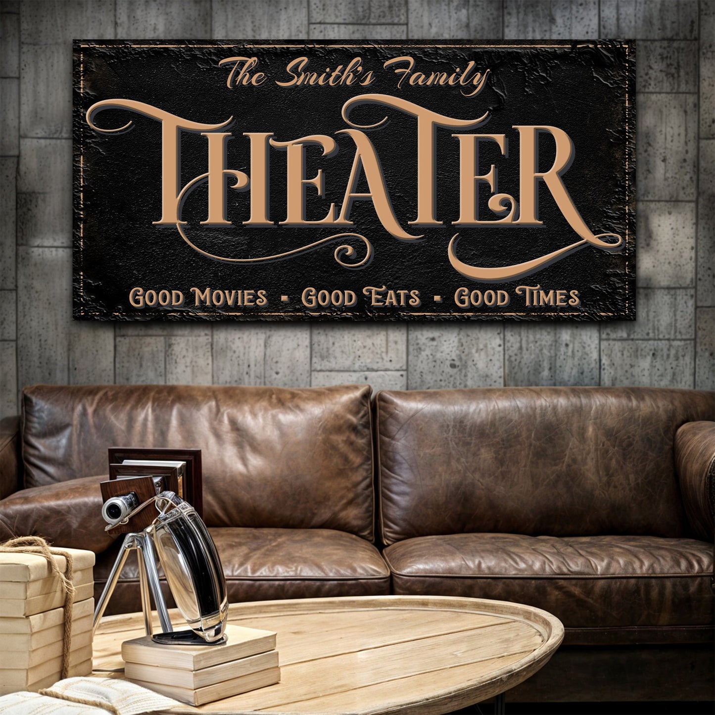 Personalized Theater Sign VI canvas wall art by Tailored Canvases; copper script on black leather on Tampa Home & Garden Store