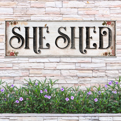 She Shed Sign canvas by Tailored Canvases with distressed white wood and floral corners on Tampa Home & Garden Store