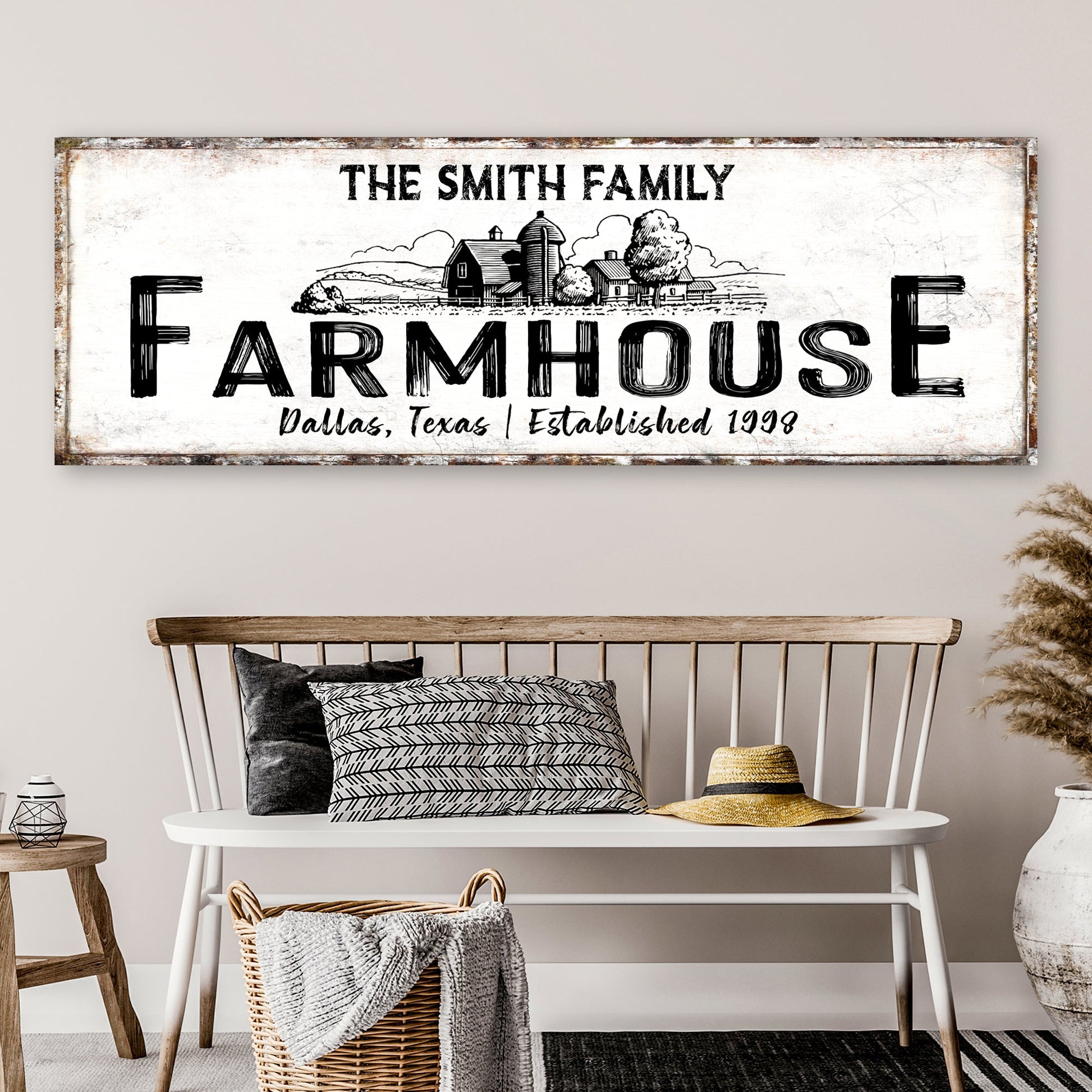 Rustic Farmhouse Sign XIII canvas by Tailored Canvases with THE SMITH FAMILY FARMHOUSE lettering on Tampa Home & Garden Store