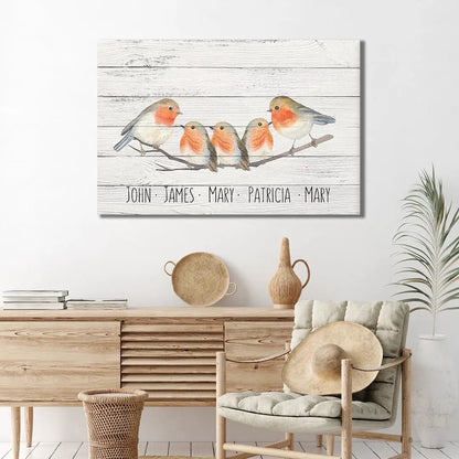 Family Flock of Birds Sign Canvas with whitewashed wood background and five birds on Tampa Home & Garden Store