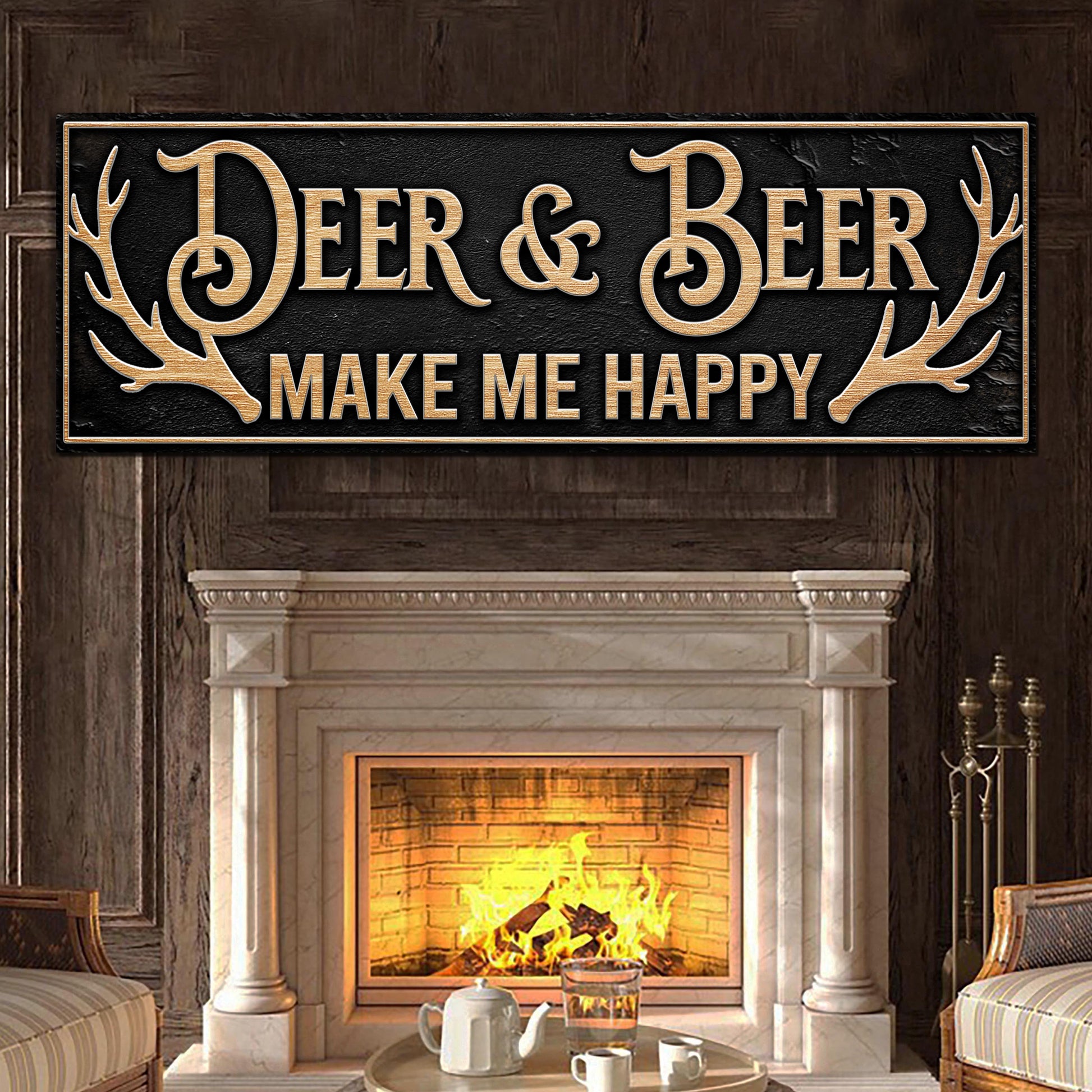 Canvas sign Deer & Beer Make Me Happy Hunting with gold lettering on black textured background on Tampa Home & Garden Store