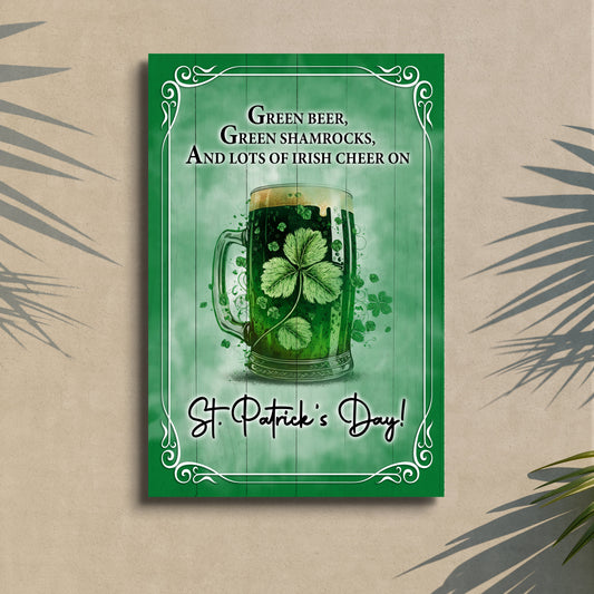 Green beer shamrocks canvas sign with mug and ornate white border Tailored Canvases on Tampa Home & Garden Store