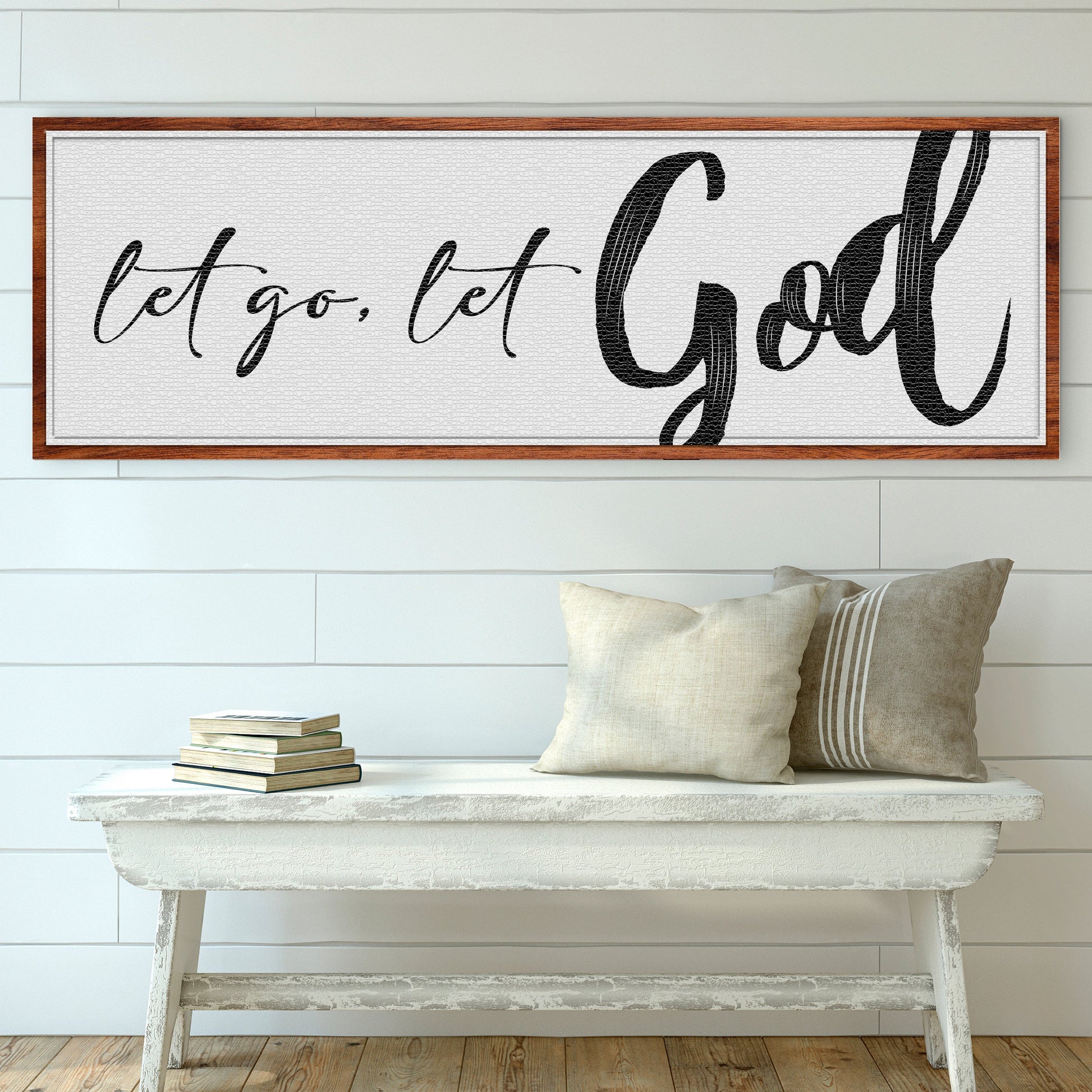 Let Go Let God VI canvas by Tailored Canvases, white canvas with black script God wood frame on Tampa Home & Garden Store