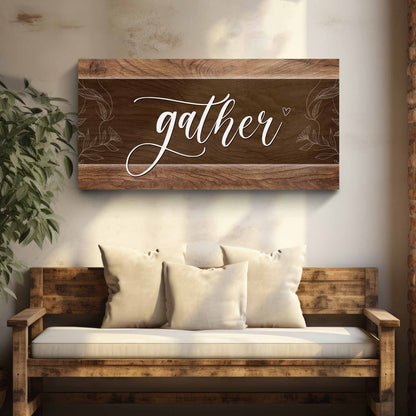Gather Sign IX canvas with wood panel, white cursive gather and floral accents on wall on Tampa Home & Garden Store