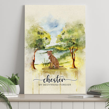 Pet memorial watercolor canvas sign with a brown dog in a landscape Tailored Canvases on Tampa Home & Garden Store
