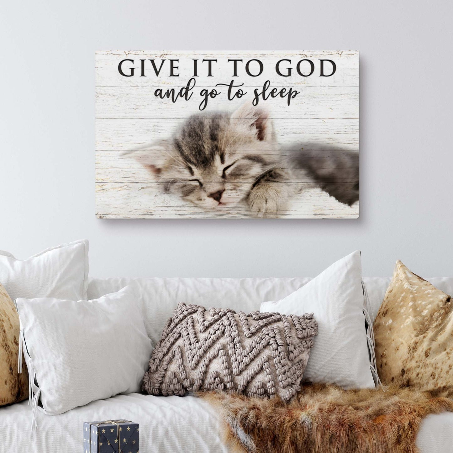 Canvas sign with sleeping kitten on whitewashed wood, text Give It To God and go to sleep on Tampa Home & Garden Store