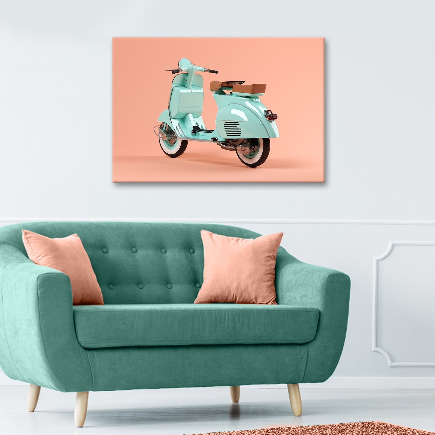 Vespa scooter canvas wall art mint turquoise on peach background on Tampa Home & Garden Store