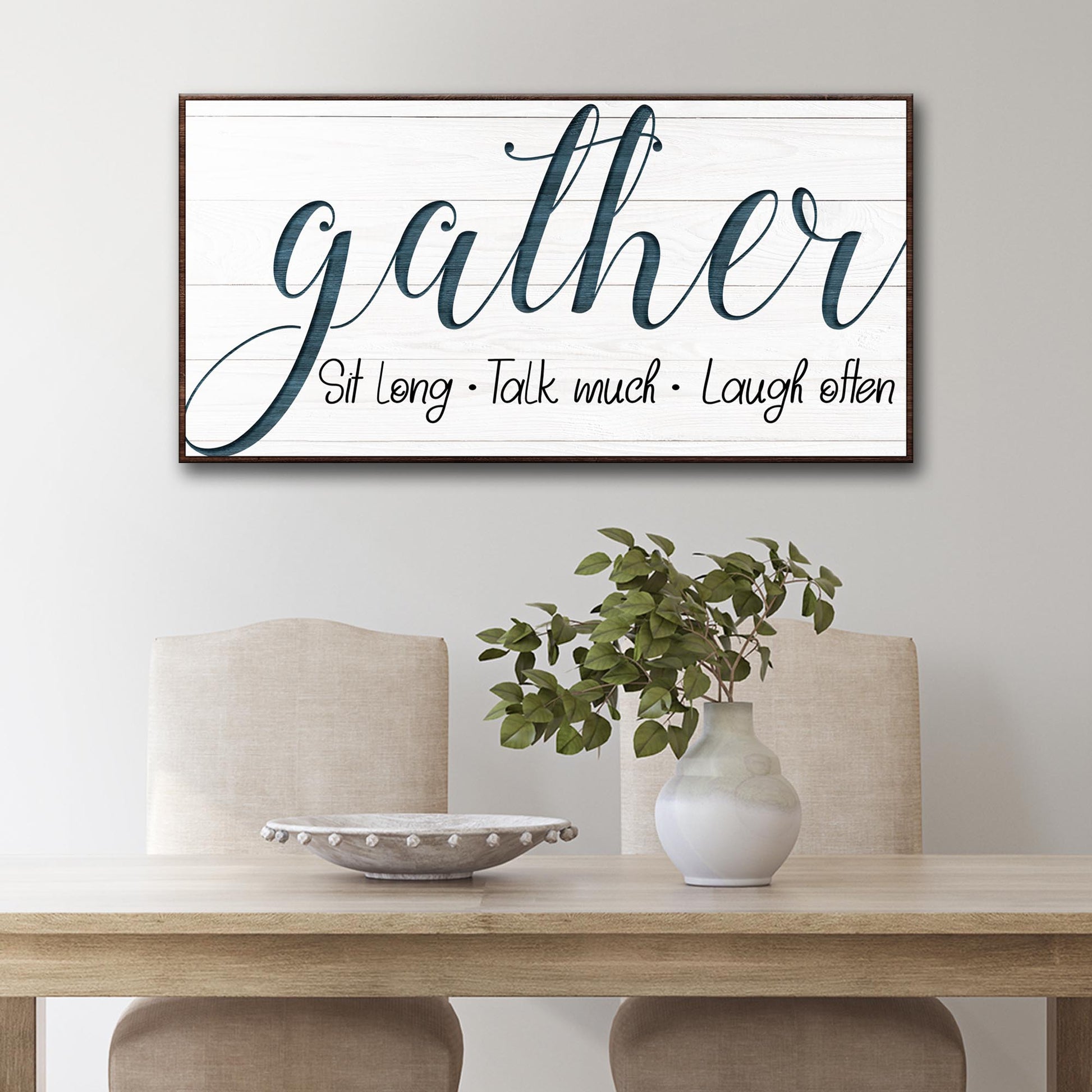 Gather Sign V canvas by Tailored Canvases; whitewashed wood backdrop with dark teal script on Tampa Home & Garden Store