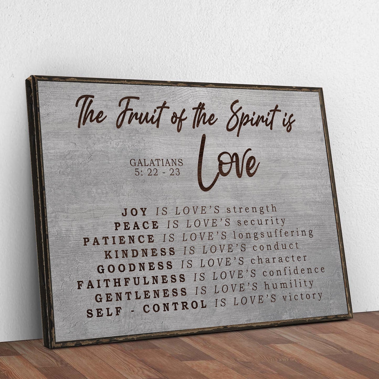 Canvas sign III by Tailored Canvases with The Fruit of the Spirit in brown script and frame on Tampa Home & Garden Store
