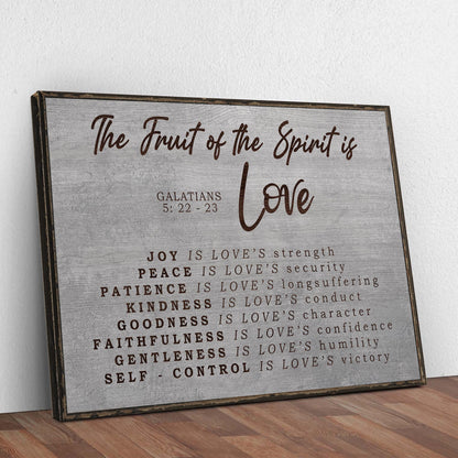 Canvas sign III by Tailored Canvases with The Fruit of the Spirit in brown script and frame on Tampa Home & Garden Store