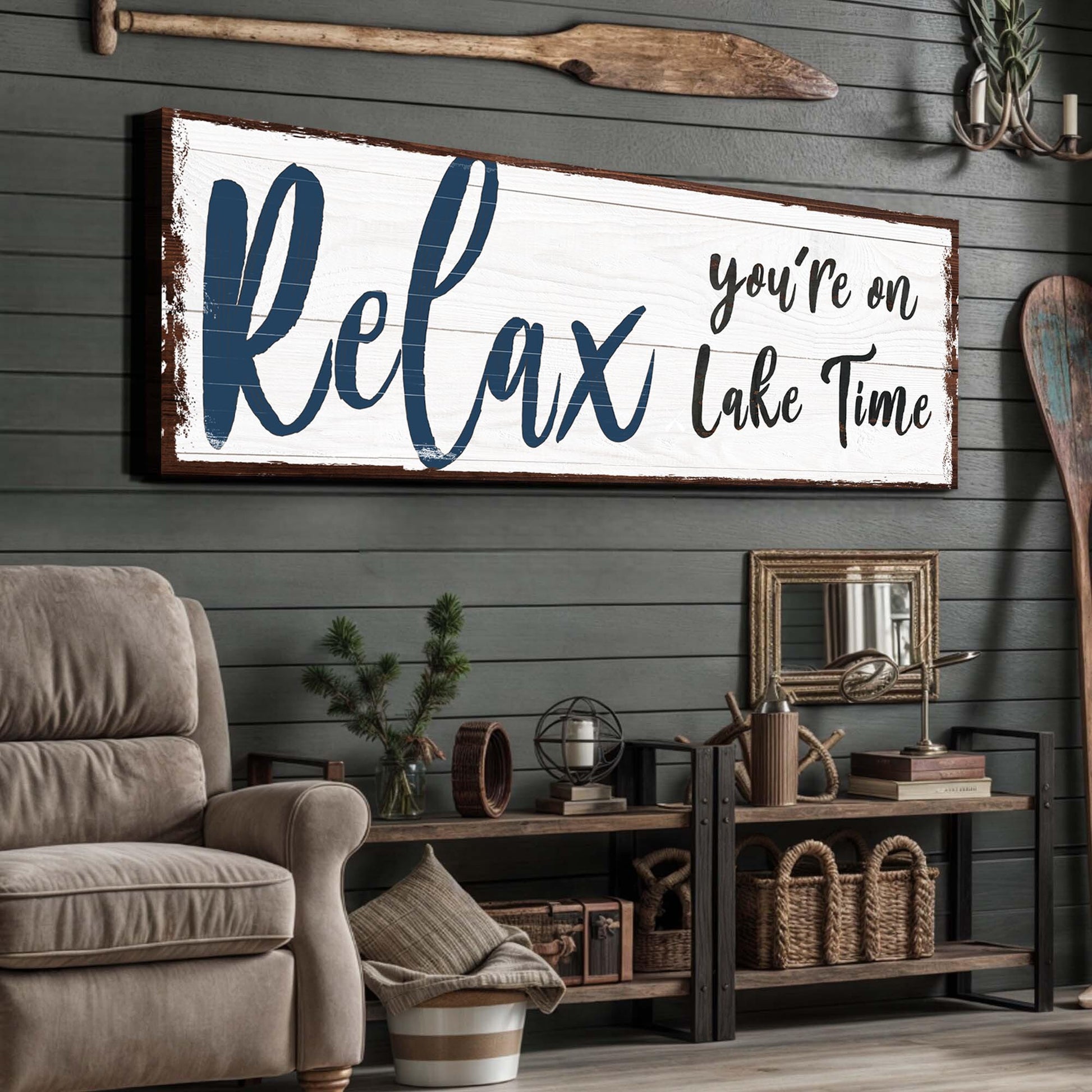 Relax You're on Lake Time Sign IV canvas wall art with white planks and navy script on Tampa Home & Garden Store