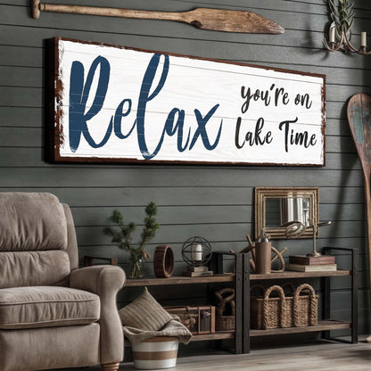 Relax You're on Lake Time Sign IV canvas wall art with white planks and navy script on Tampa Home & Garden Store