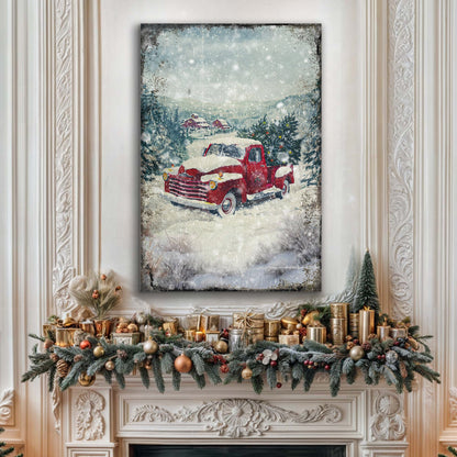 Vintage Truck With Christmas Tree Wall Art II canvas Tailored Canvases red truck in snow on Tampa Home & Garden Store
