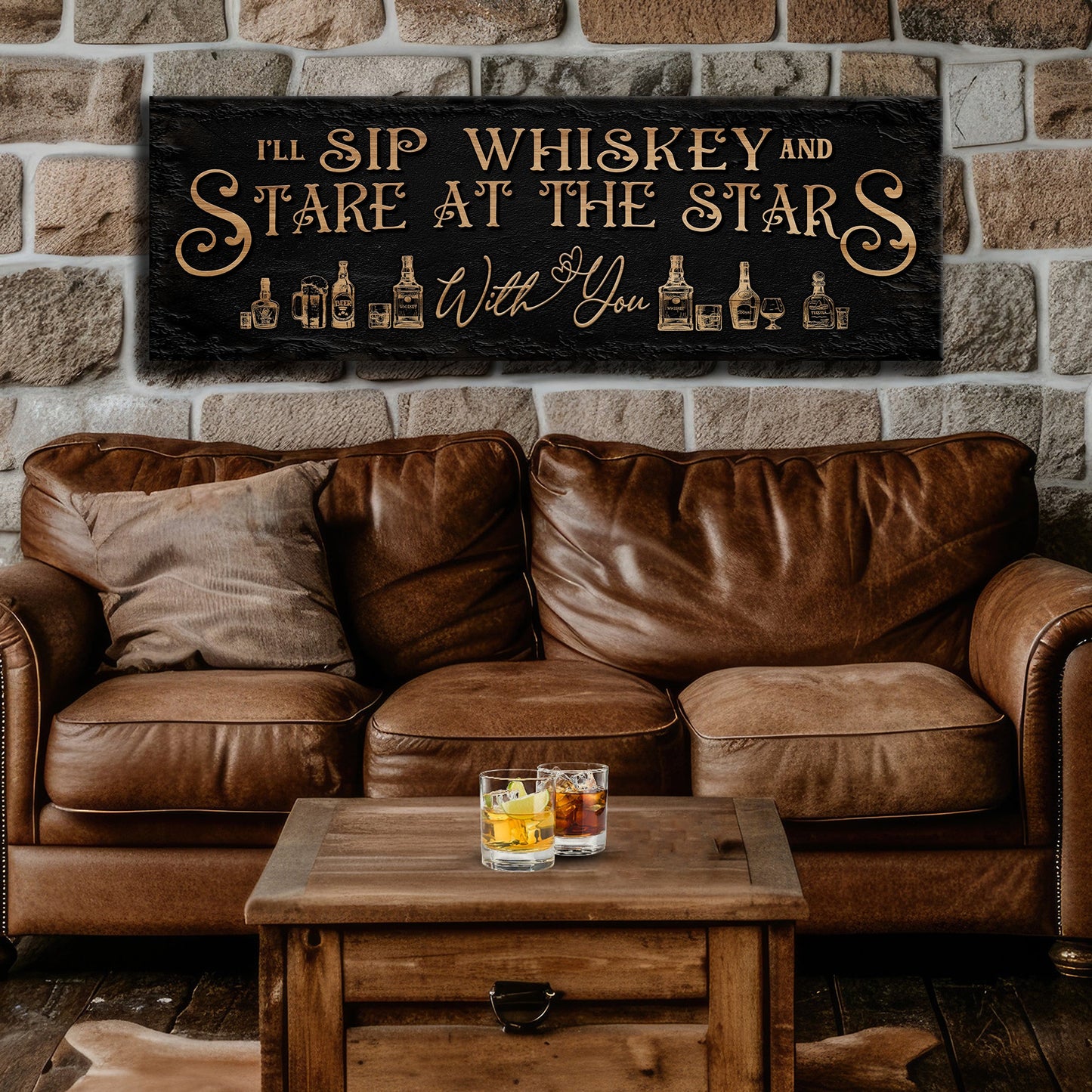 I'll Sip Whiskey And Stare At The Stars Sign canvas with copper lettering on black background on Tampa Home & Garden Store