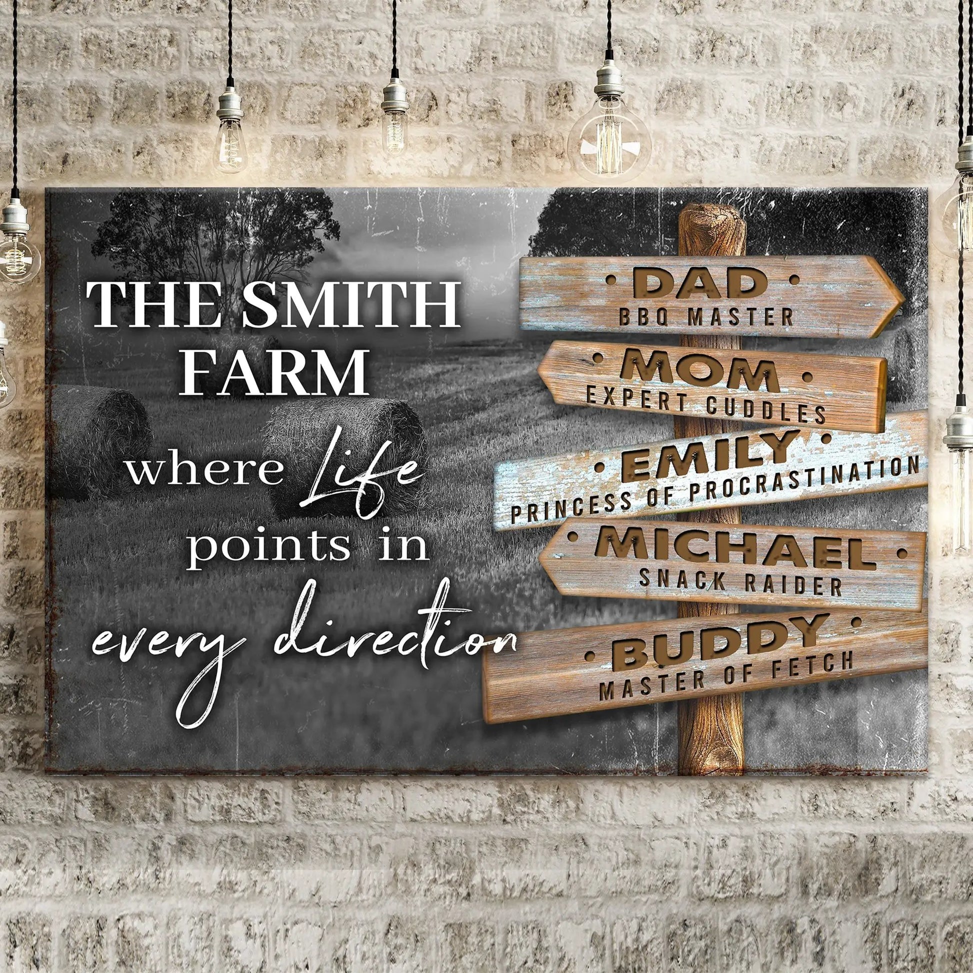 Canvas crafting sign with family farm names and rustic wooden directional signs on Tampa Home & Garden Store