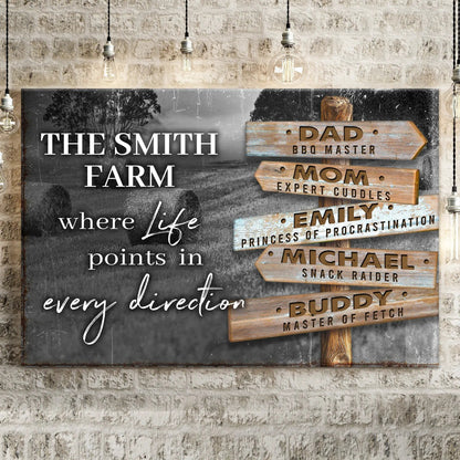 Canvas crafting sign with family farm names and rustic wooden directional signs on Tampa Home & Garden Store