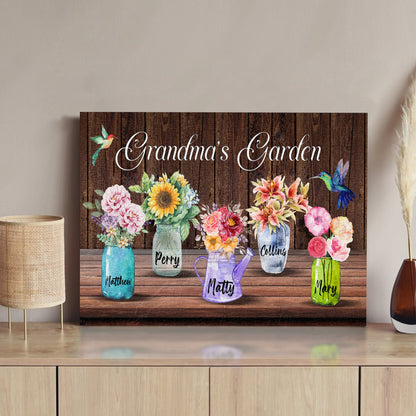 Grandma's Garden canvas sign with mason jar bouquets on rustic wood backdrop on Tampa Home & Garden Store