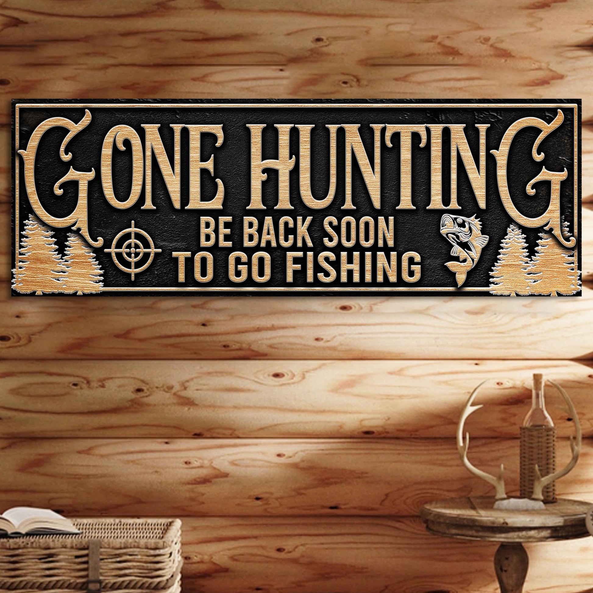 Gone Hunting Sign canvas decor with black background and gold lettering Tailored Canvases on Tampa Home & Garden Store