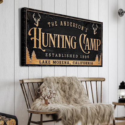 Tailored Canvases personalized canvas sign hunting camp with gold lettering and deer accents on Tampa Home & Garden Store