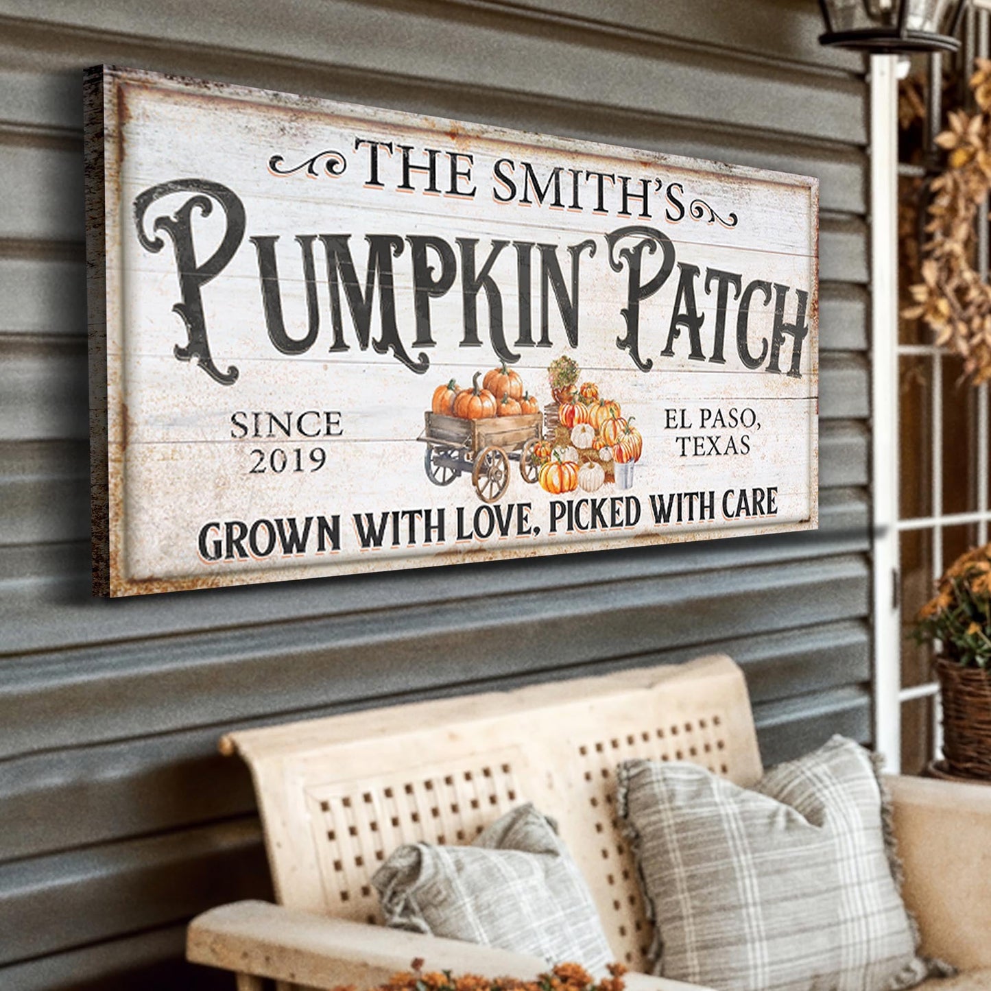 Personalized Pumpkin Patch Sign VII canvas with rustic wood and pumpkins on Tampa Home & Garden Store