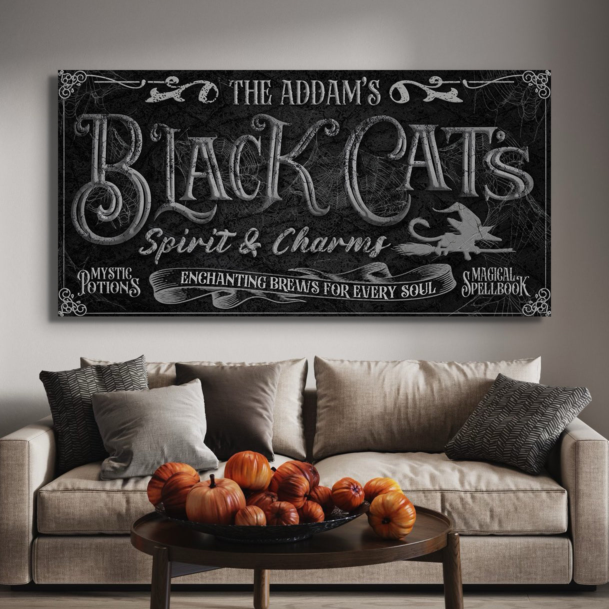 Black Cat's Spirits & Charms Bar Halloween Sign canvas wall art by Tailored Canvases gray print on Tampa Home & Garden Store