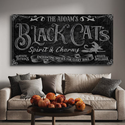 Black Cat's Spirits & Charms Bar Halloween Sign canvas wall art by Tailored Canvases gray print on Tampa Home & Garden Store