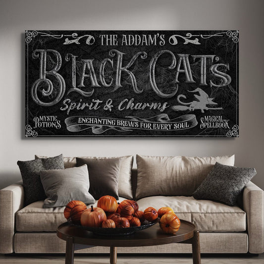 Black Cat's Spirits & Charms Bar Halloween Sign canvas wall art by Tailored Canvases gray print on Tampa Home & Garden Store