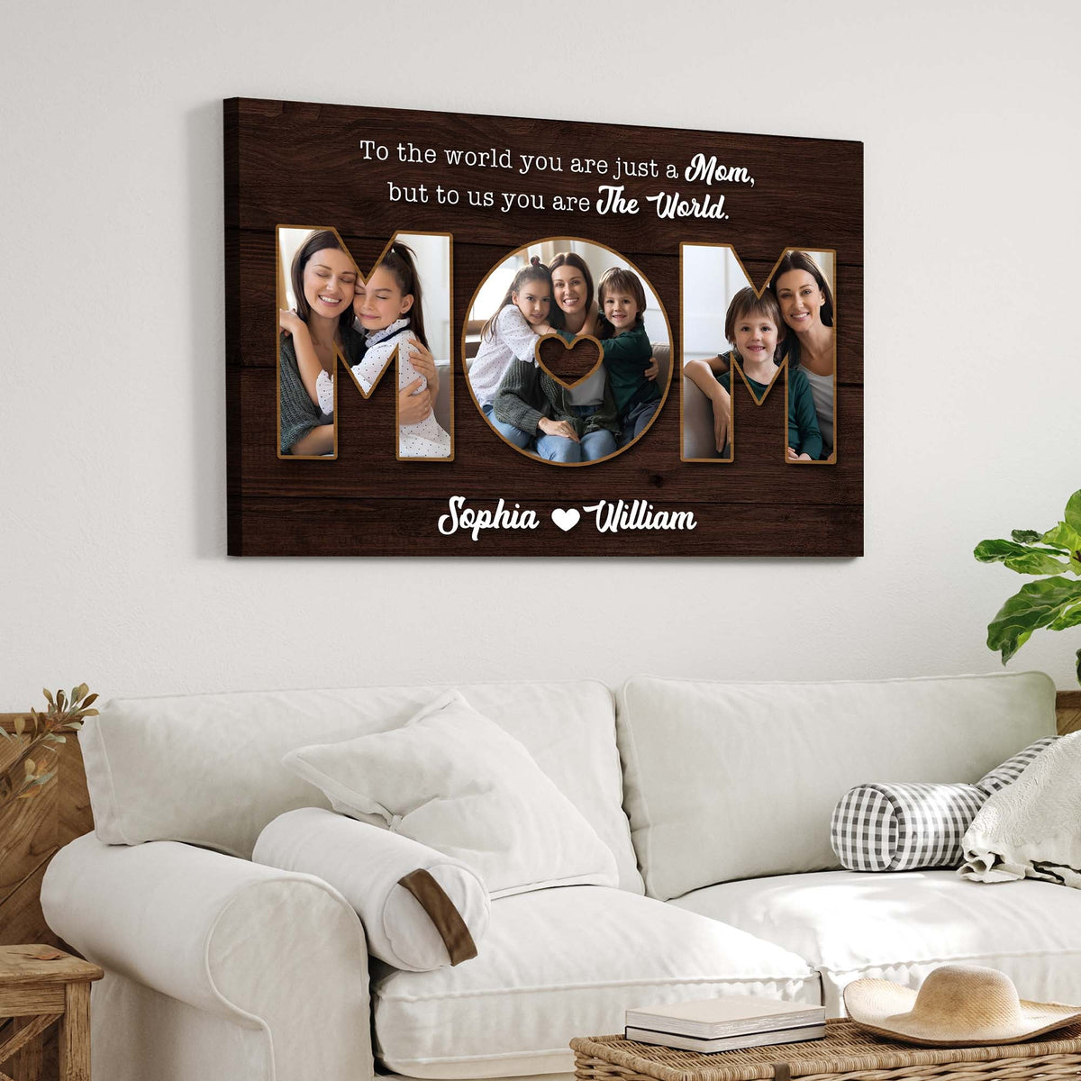 Mother's Day Sign Canvas with M O M photo letters on dark wood, Tailored Canvases family collage on Tampa Home & Garden Store
