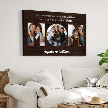 Mother's Day Sign Canvas with M O M photo letters on dark wood, Tailored Canvases family collage on Tampa Home & Garden Store