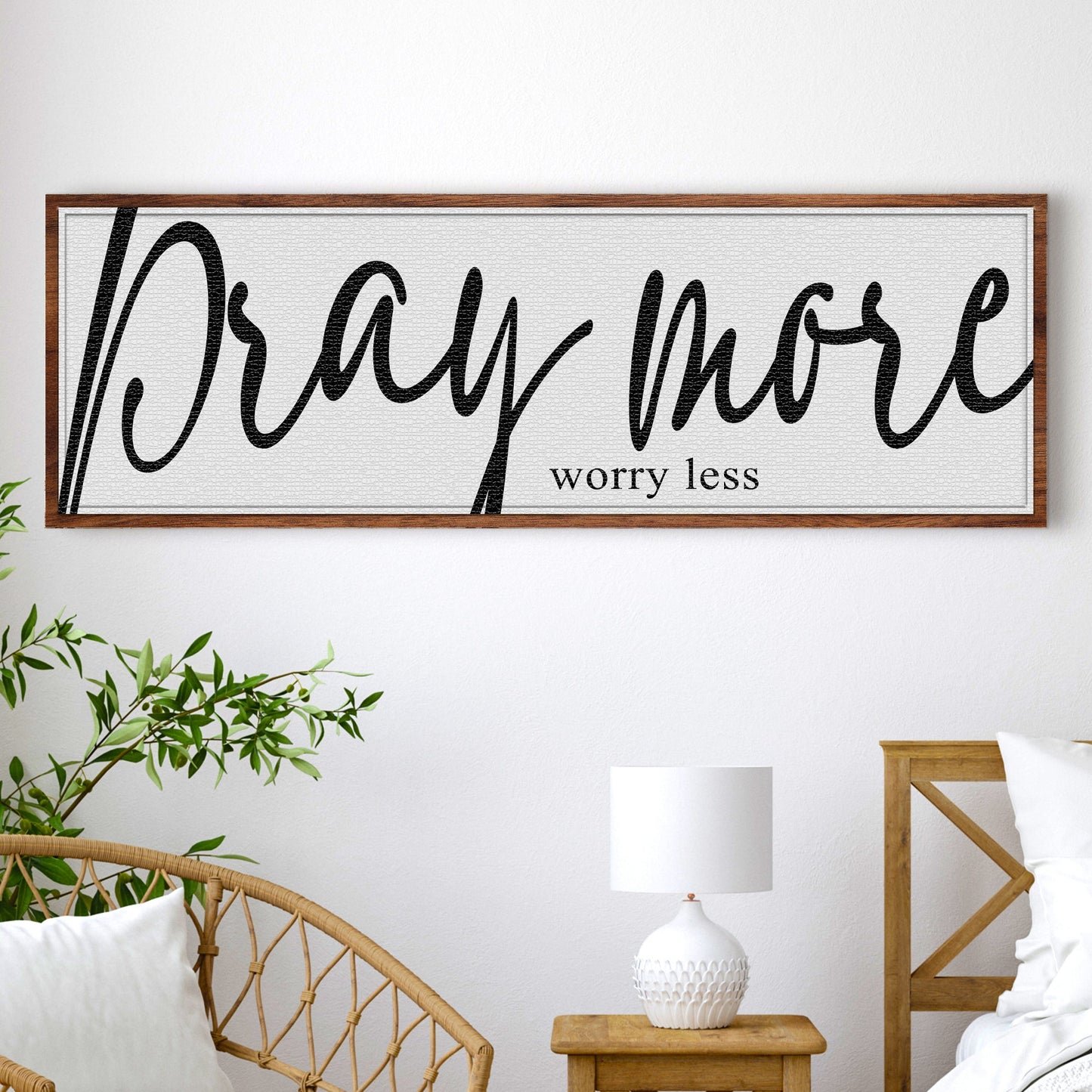 Pray More Worry Less Faith Sign IV canvas with wood frame black script on white canvas on Tampa Home & Garden Store
