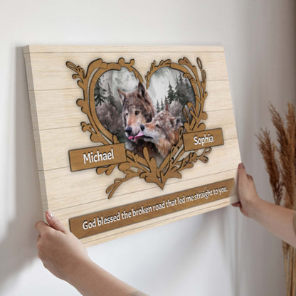 Couple Wolves Sign II canvas on light wood panel with wolf portrait Tailored Canvases on Tampa Home & Garden Store