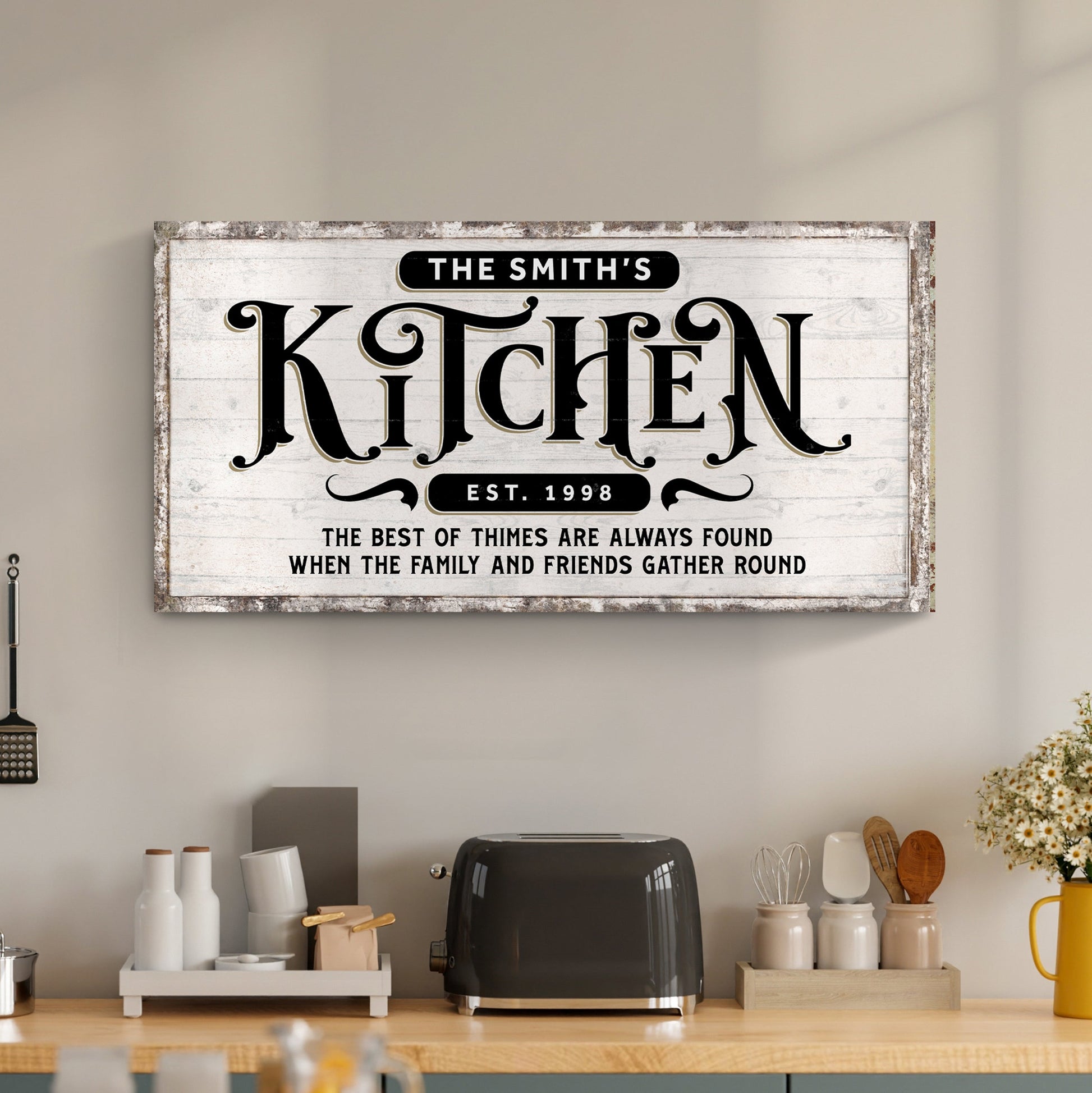 Kitchen Sign VII canvas wall art with distressed wood rustic frame; bold KITCHEN typography on Tampa Home & Garden Store