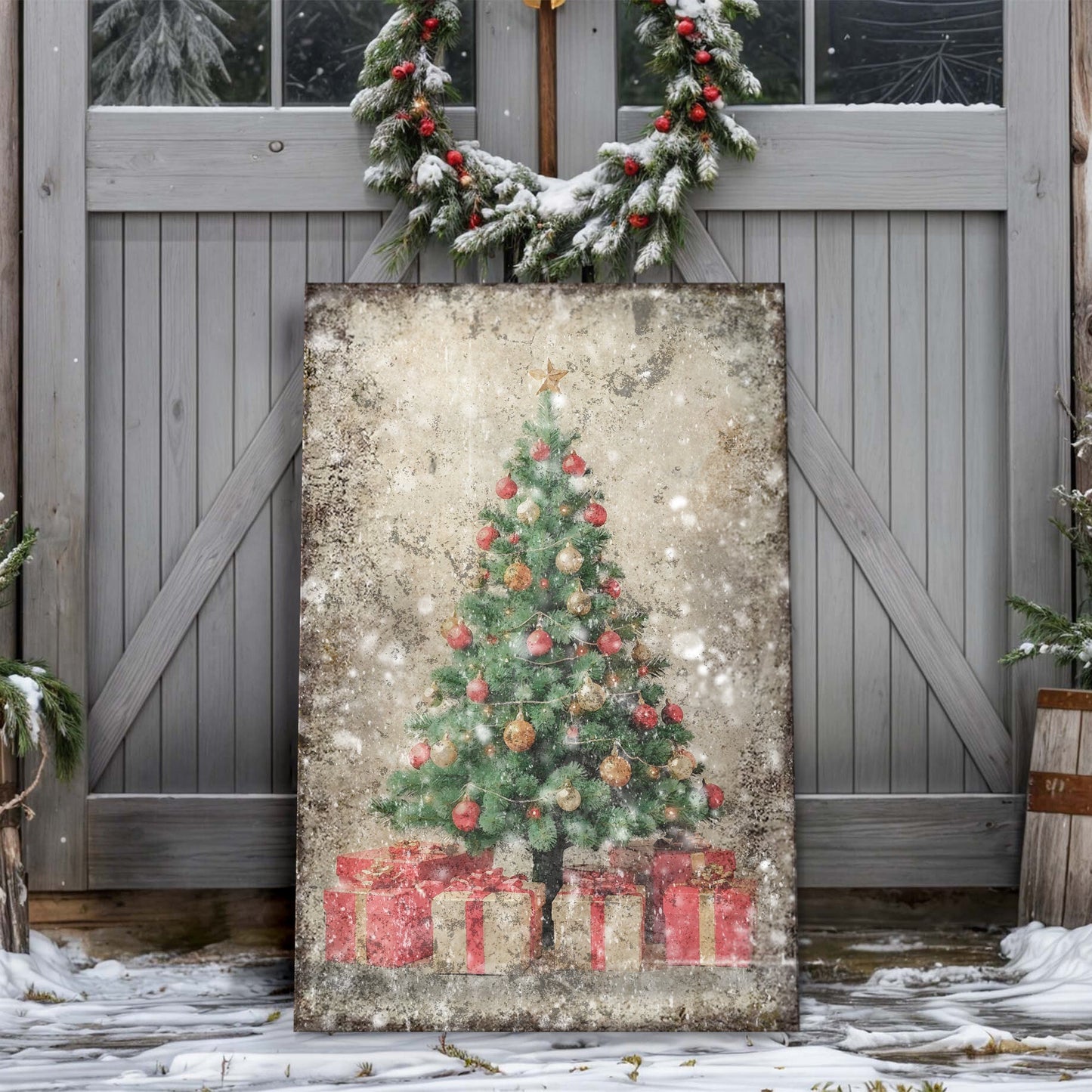 Vintage Christmas Tree With Gifts canvas wall art featuring a green tree with red ornaments on Tampa Home & Garden Store